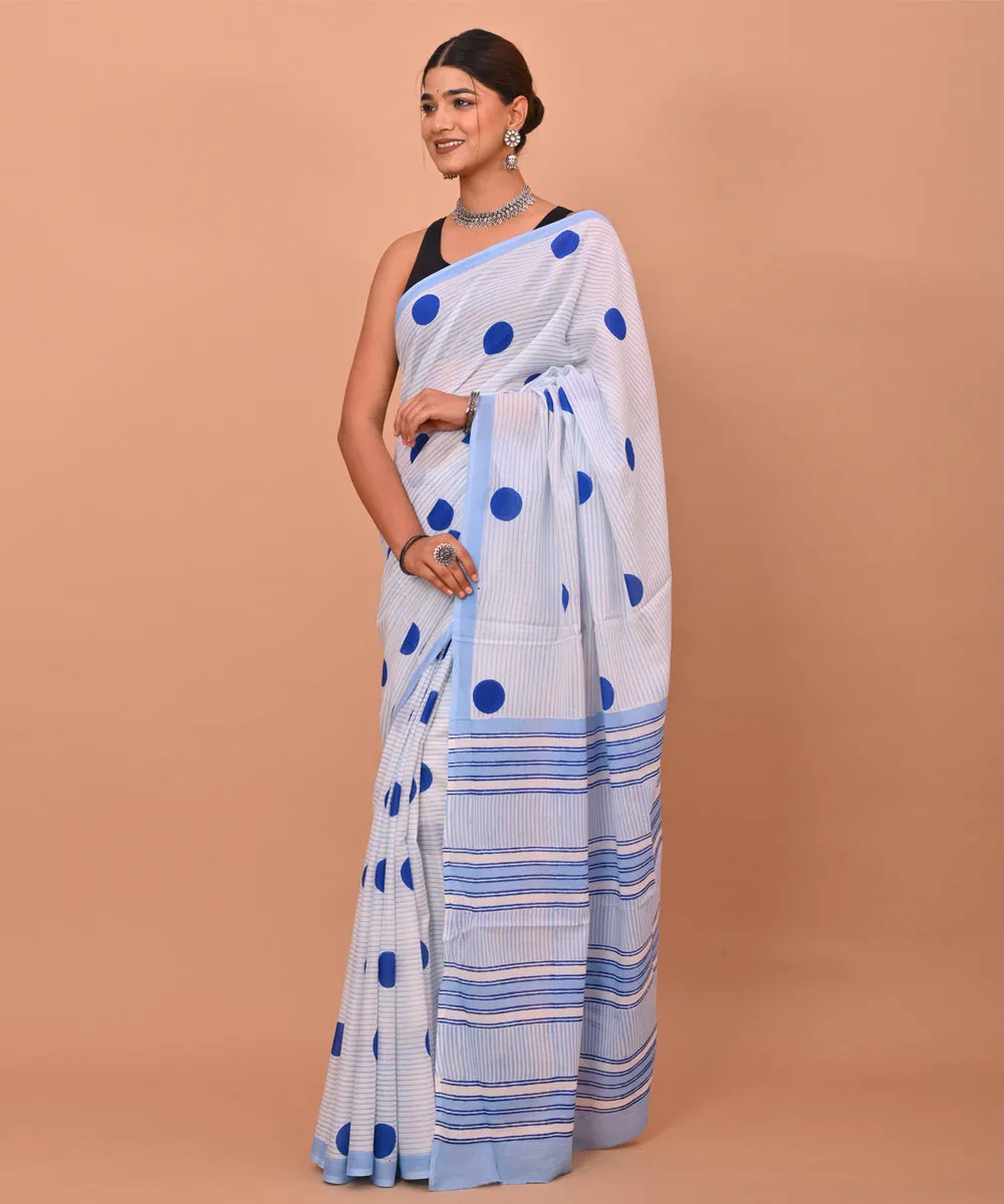 White indigo hand printed bagru cotton saree