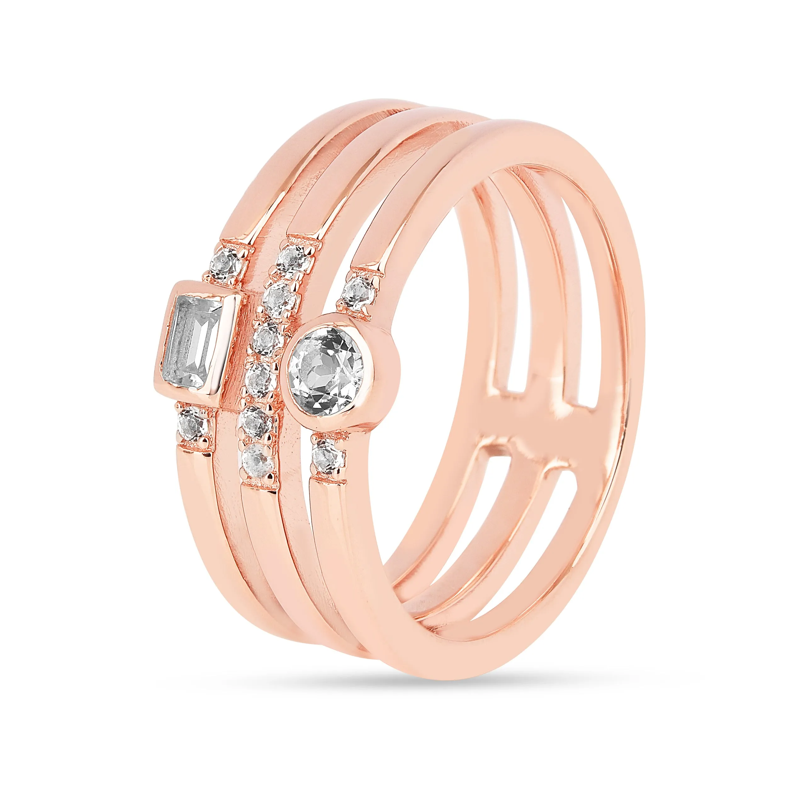 White Sapphire Rose Gold Three Band Fashion Ring