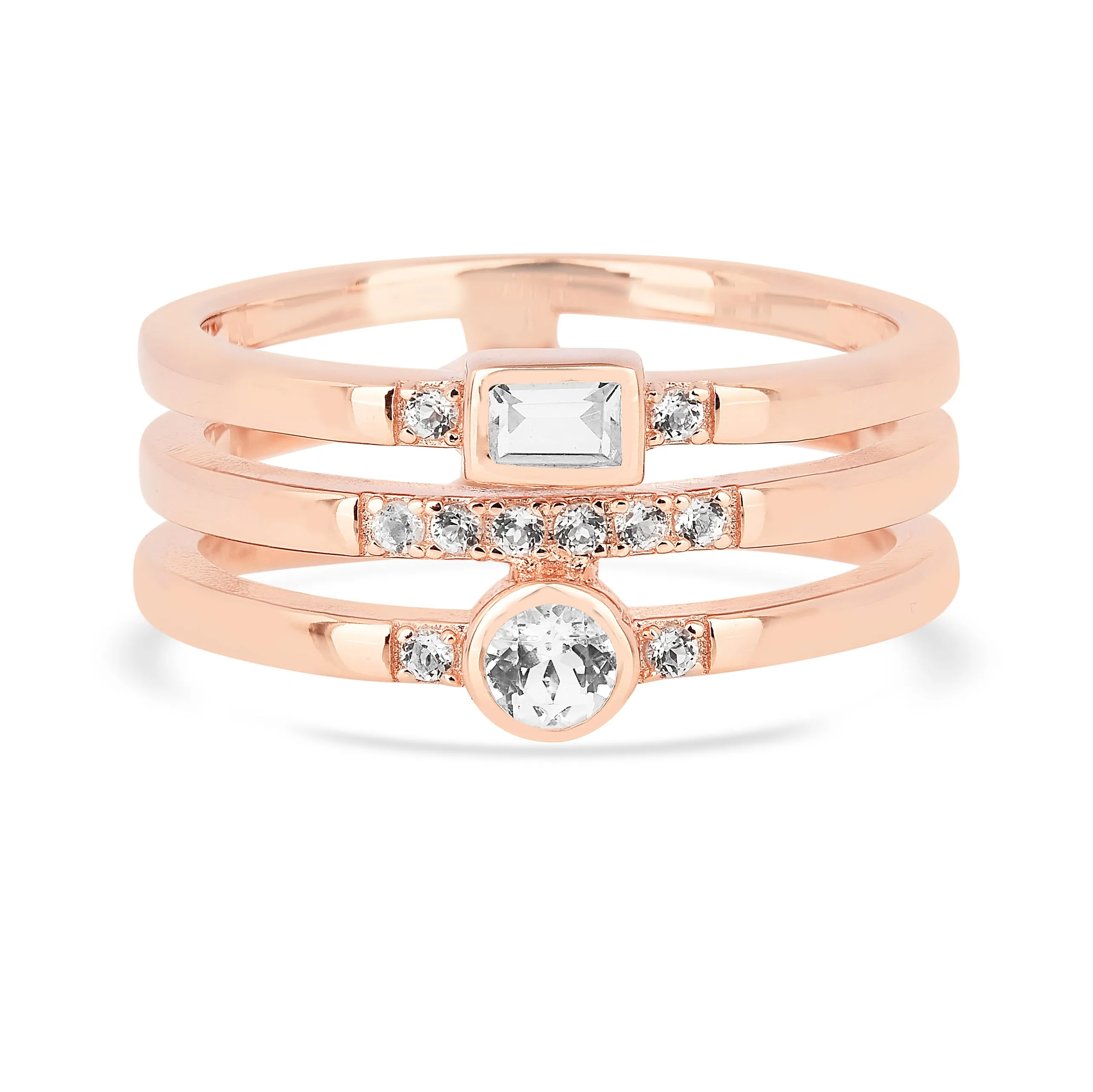 White Sapphire Rose Gold Three Band Fashion Ring