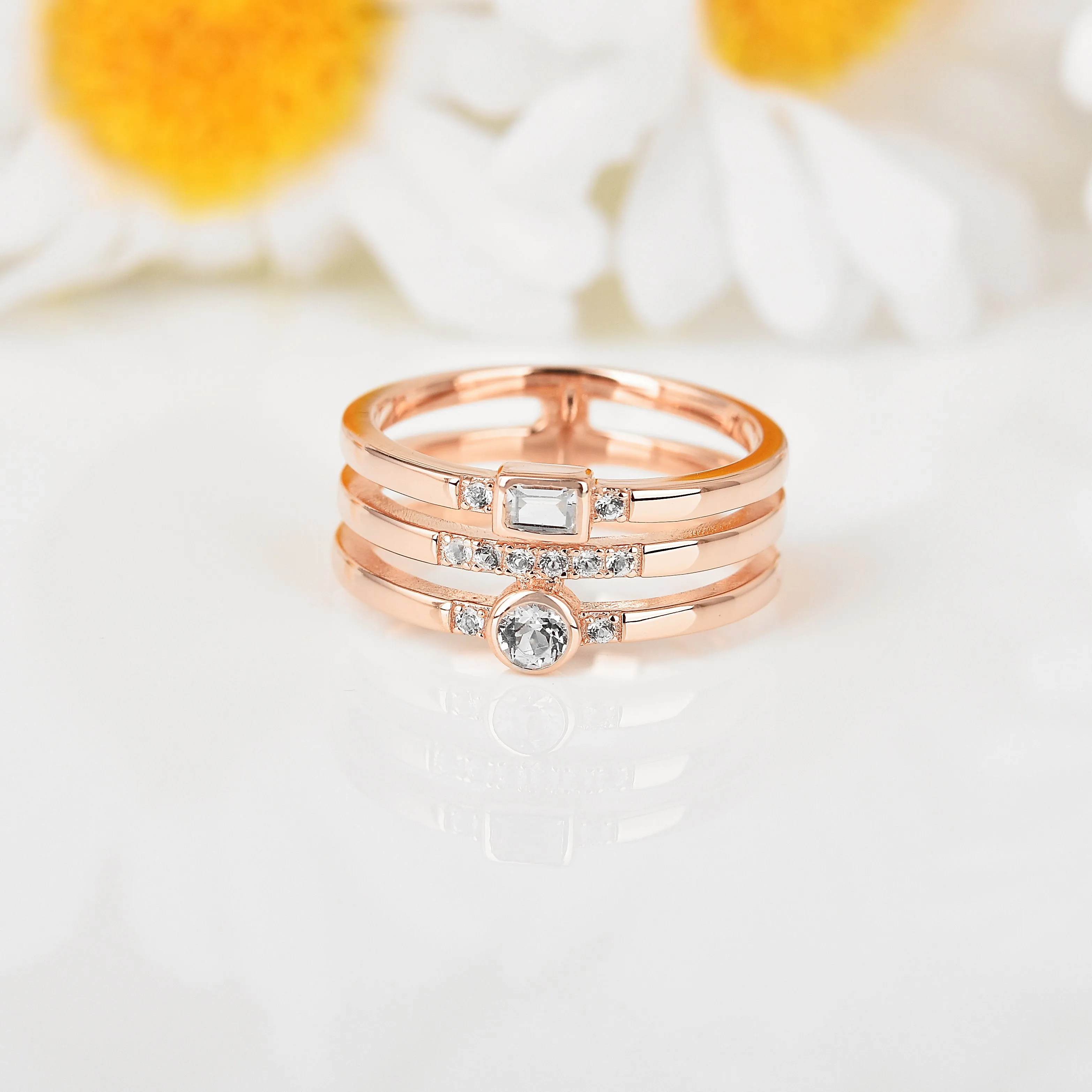 White Sapphire Rose Gold Three Band Fashion Ring