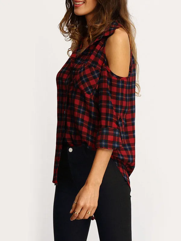 Women Cold Shoulder Plaid Shirt