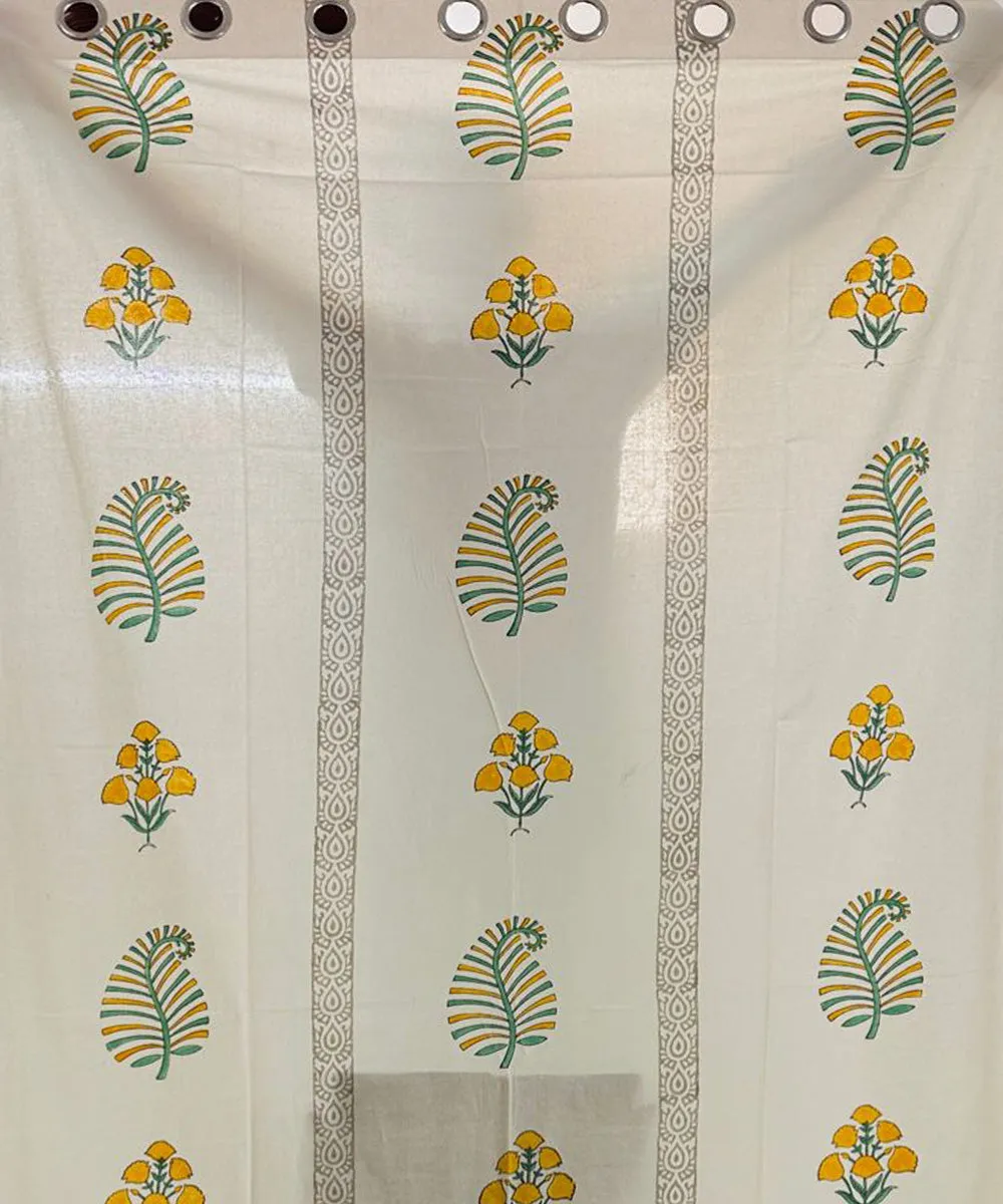 Yellow hand sanganeri printed door cotton curtain set of 2