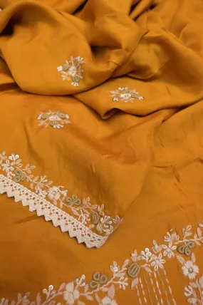 Yellow Ochre Color Chanderi Saree with Hand Parsi,French Knot and Bullion Piping Border