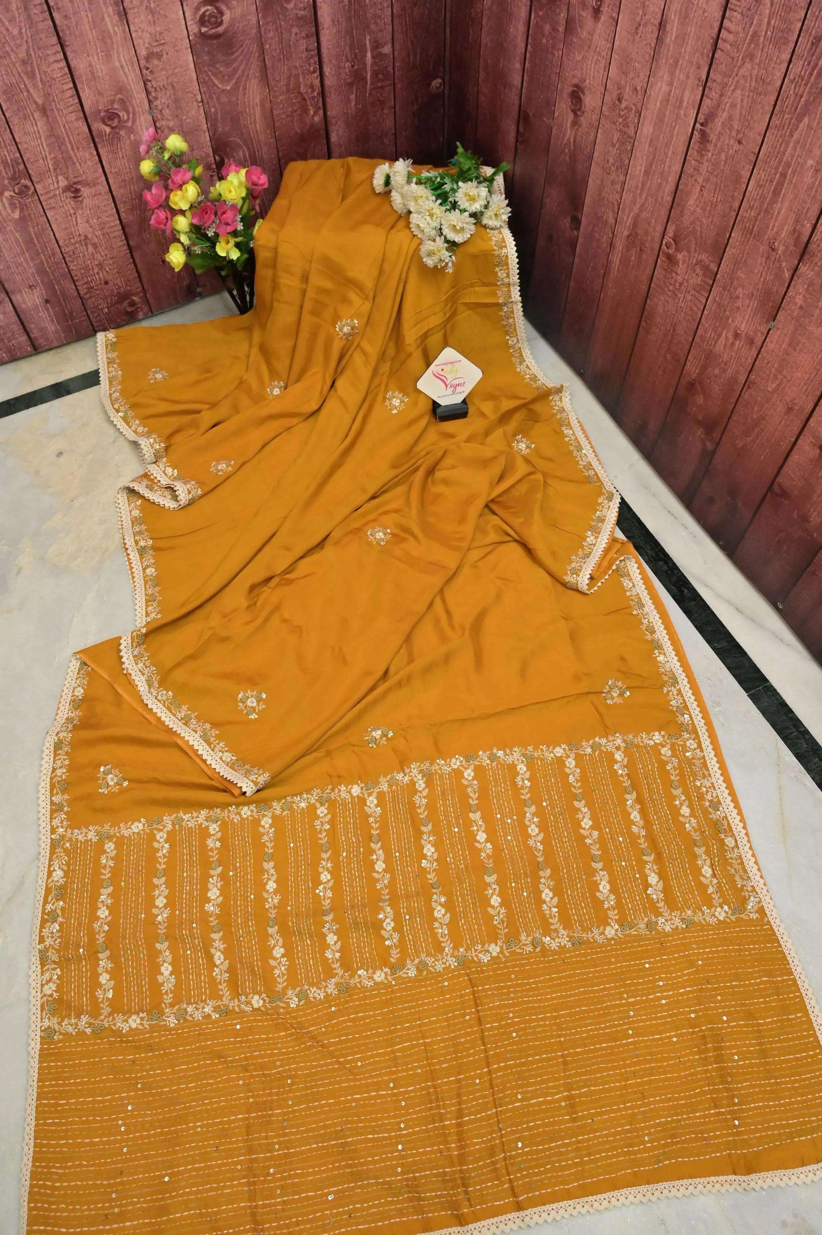 Yellow Ochre Color Chanderi Saree with Hand Parsi,French Knot and Bullion Piping Border