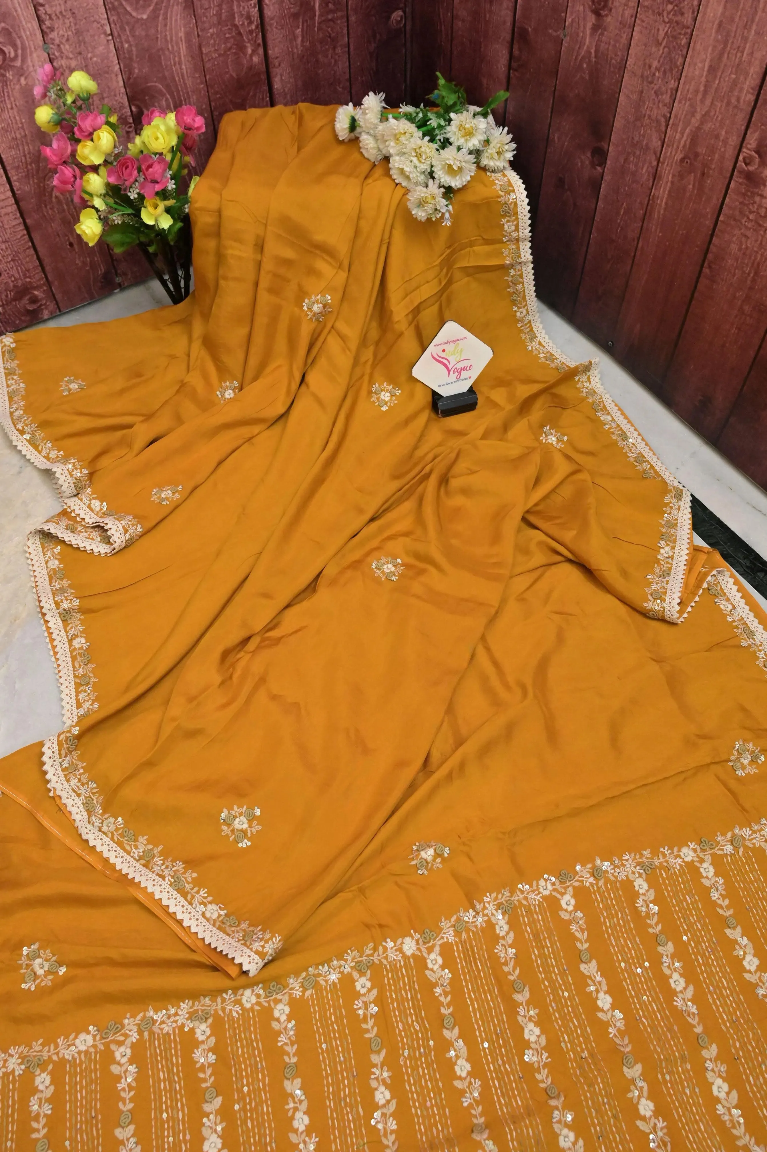 Yellow Ochre Color Chanderi Saree with Hand Parsi,French Knot and Bullion Piping Border