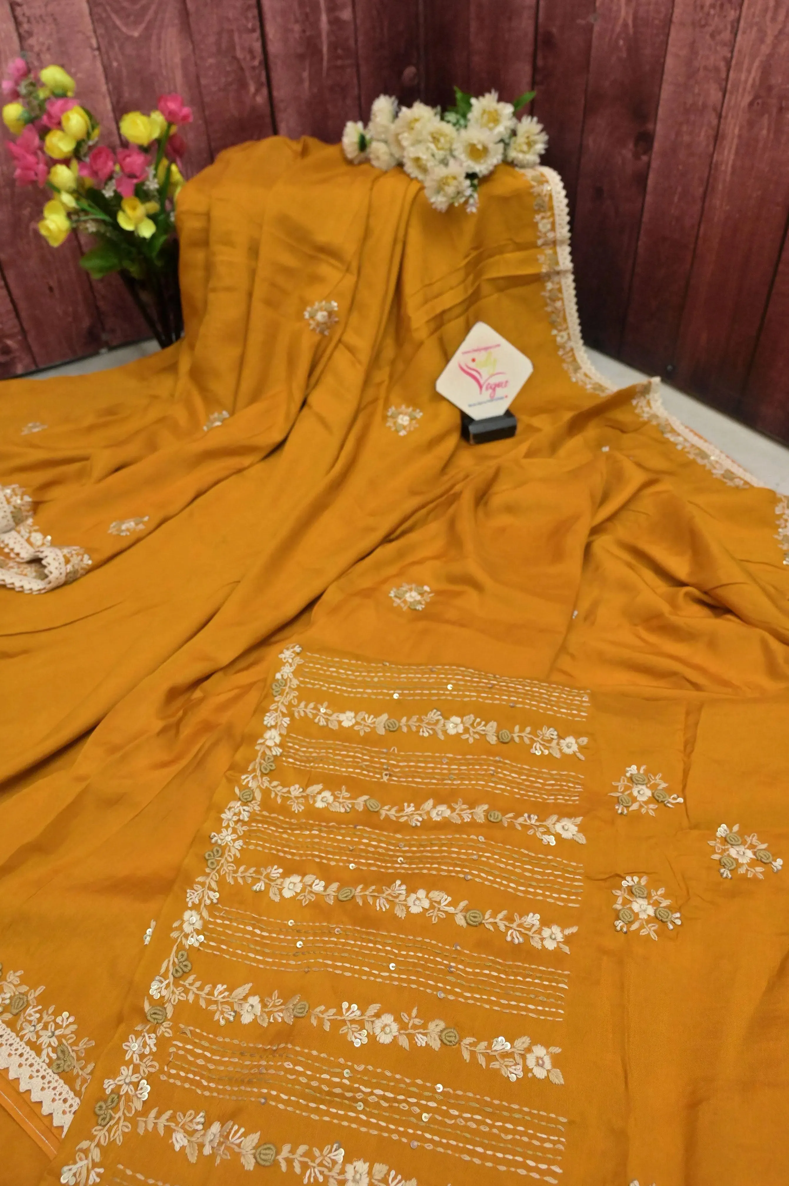 Yellow Ochre Color Chanderi Saree with Hand Parsi,French Knot and Bullion Piping Border