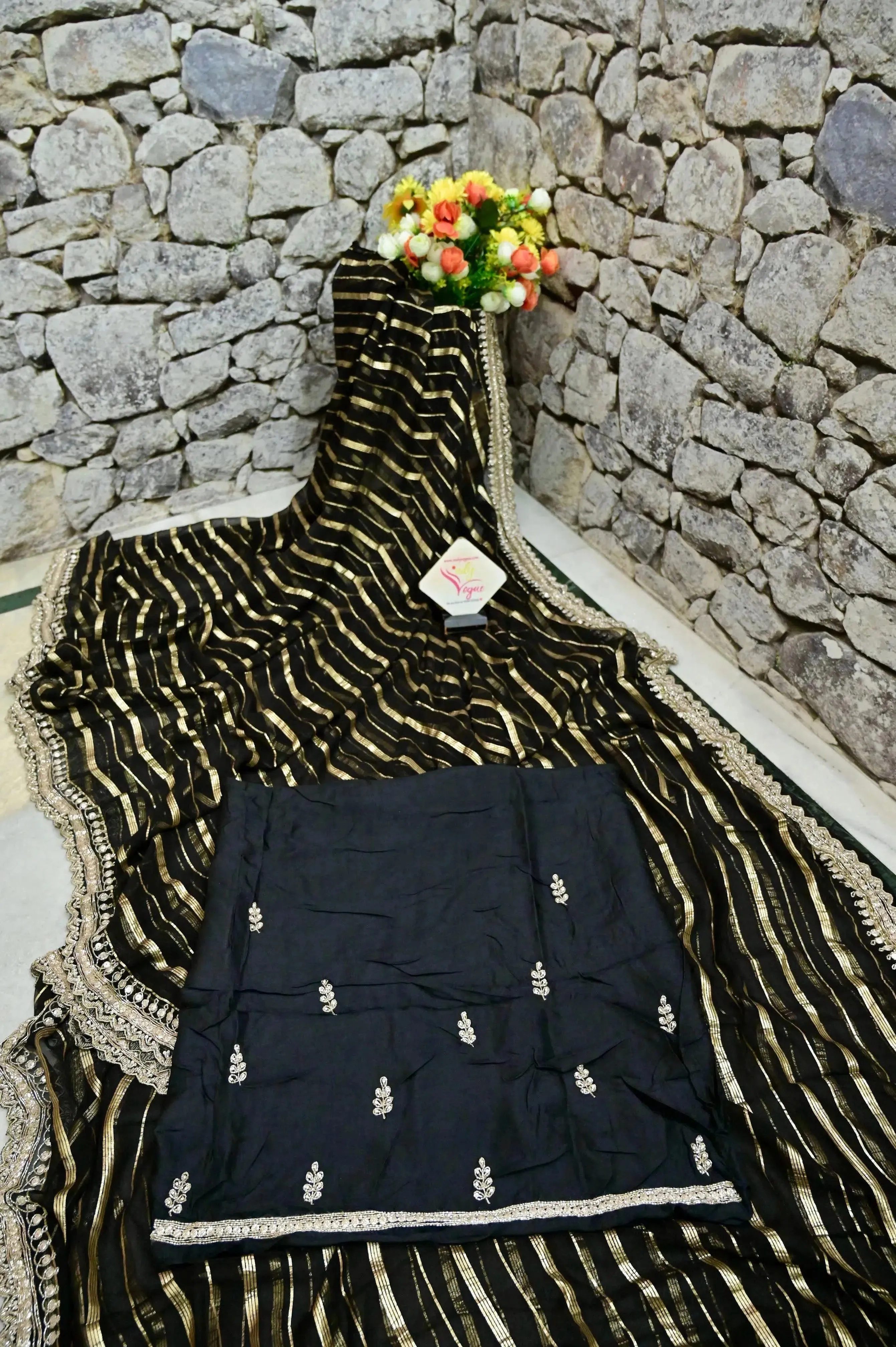 Zeus Black Color Georgette Saree with Golden Stripe and Sequin Work with Scallop Border