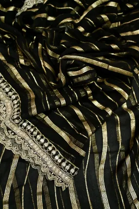 Zeus Black Color Georgette Saree with Golden Stripe and Sequin Work with Scallop Border